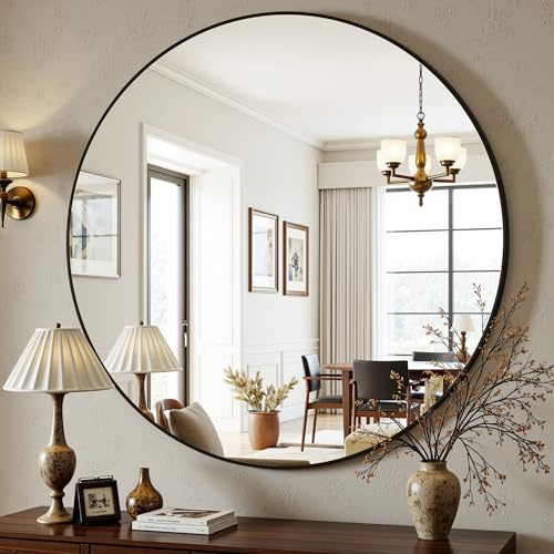 Antok Spiegel Rund, 75cm Schwarz Dekorative Wandspiegel für Bad, Eitelkeit, Wohnzimmer, Eingangsbereich, Runder Spiegel Hängend oder Lehnend, Aluminium Rahmen