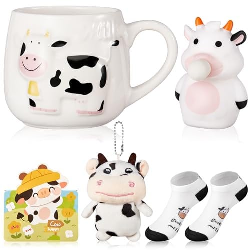 Nuenen 5 Pcs Cow Gifts Set Includes Mug, Pendant, Socks, Decompression Toy, Greeting Card Perfect for Cow Lovers Birthday, Xmas Gifts
