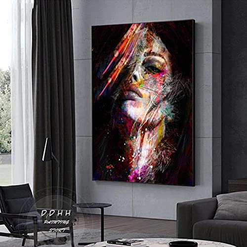 LSYALUCK Peinture sur Toile Femme Visage Graffiti Street Art Abstrait Affiches Impressions Femme Portrait WallArt Photos Home Decor Image 80x100cm(32x39in) Cadre Intérieur