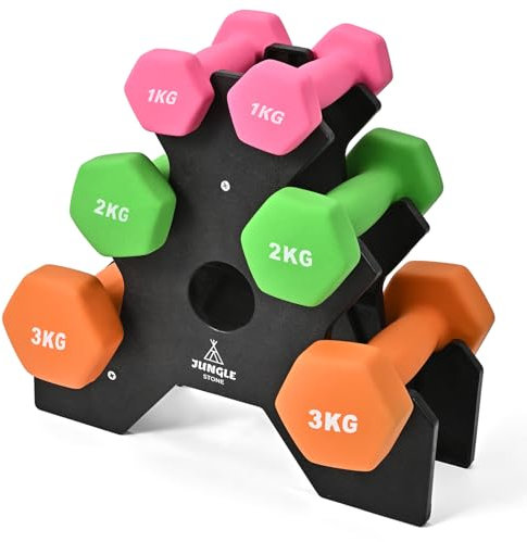 JUNGLE STONE Neoprene Dumbbells Set with Stand, Hand Weights for Women Men Arm Pilates Set, 2 x 1KG, 2 x 2KG, 2 x 3KG, Neoprene Matte Finish for Home Exercise