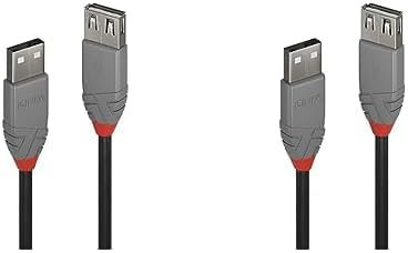 LINDY 36701 USB 2.0 Type A Extension Cable, Anthra Line - Black, 0.5m (Pack of 2)