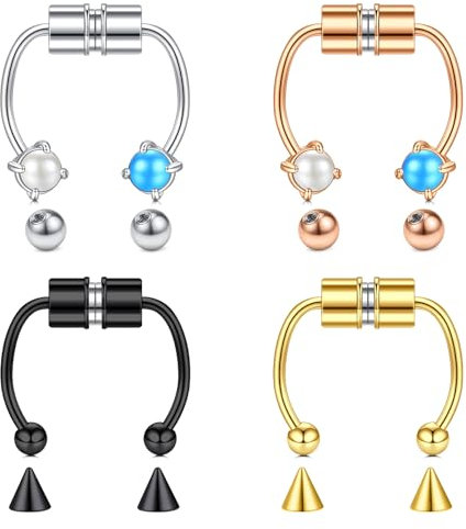 NIUSIMAN Faux Piercing Nez,faux piercing oreille 4PC Cercle Faux de piercing de septum avec clip de perle Faux anneaux de nez de septum de lèvre Non percé Faux anneau de nez Or, Argent