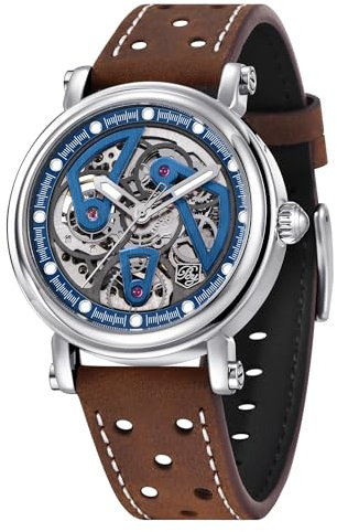 Benyar Armbanduhr für Herren, automatische mechanische Armbanduhren, Skelett-Zifferblatt, Elegantes Synthetisches Saphirglas, Lederband