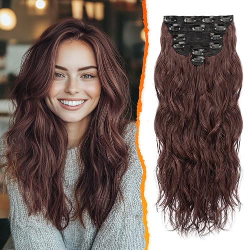 BARSDAR Clip in Haarverlängerung Für Damen, 50CM Lang Wellig Kastanien Haarextension 6PCs Voller Kopf Dickes Synthetisches Clip in Extensions Haarteil (Rötliches Kastanien Braun)