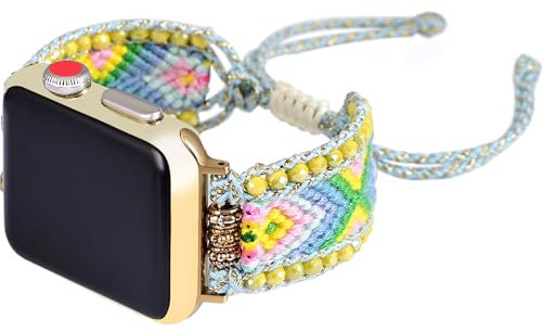 Retro Boho Braided Nylon Band Compatible with Apple Watch 40mm 41mm 38mm, Friendship Bracelet Handmade Woven Bohemian Beaded Western Dressy Strap for iWatch Series10/9/8/SE/Ultra/7/6/5/4/3/2/1 (Lemon