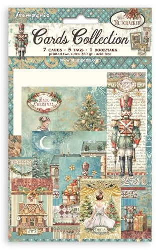 Stamperia - Cards Selection for Friends and Family, Acid-Free, Printed on 2 Sides, Choice of Sizes and Designs, Perfect for Crafts and Gifting (Gear up for Christmas) (7 Cards, 5 Tags, 1 Bookmark)