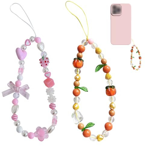 FOSDICK 2 PCS Colgante Para Movil, Colgante Movil, Colgantes para Movil Abalorios, Cordón de Teléfono con Cuentas de Acrílico, Cadena para Móvil, para Niñas Mujeres (Rosa, Naranja)