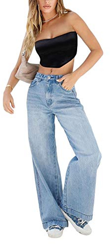Fiacafyo Womens Y2K Low Rise Baggy Jeans Straight Wide Leg Boyfriend Trousers Casual Loose Fit Denim Pants Streetwear (A-Dark Blue, L)
