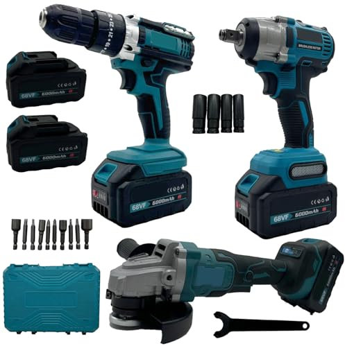 081 Store - Set Completo Professionale 3 in 1 Fai da Te con Trapano Avvitatore a Batteria, Smerigliatrice Angolare Senza Fili e Trapano a Impulsi per Bulloni 68V – Strumenti Potenti e Versatili per Og