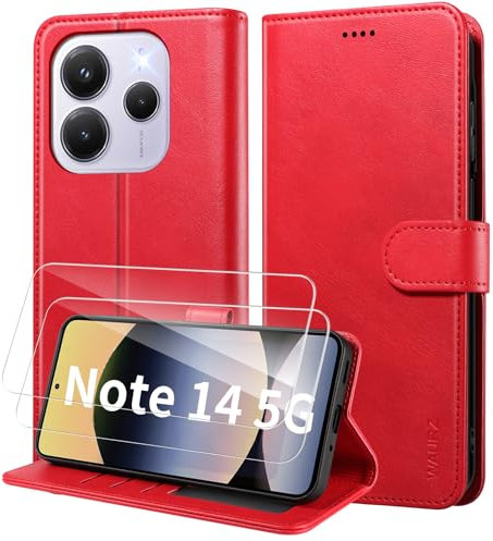 WAURZ Coque pour Xiaomi Redmi Note 14 5G (Pas pour 4G), Etui Coque avec 2 Verre Trempé Porte Carte Clapet à Rabat Portefeuille Cuir Case Housse Protection Cover Étui pour Redmi Note 14 5G,Rose