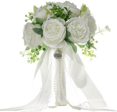 Wisafory Bouquet da sposa, bouquet da sposa, bouquet da sposa, con perle, vintage, fiori di seta, bouquet di rose artificiali, damigella d'onore, bel fiore artificiale per matrimonio, bianco