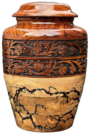 Wooden Cremation Urn for Human Ashes - Handcrafted Memorial for Adult Men & Women with Hand Curving Border - Decorative Burial & Funeral (Large 250lbs)