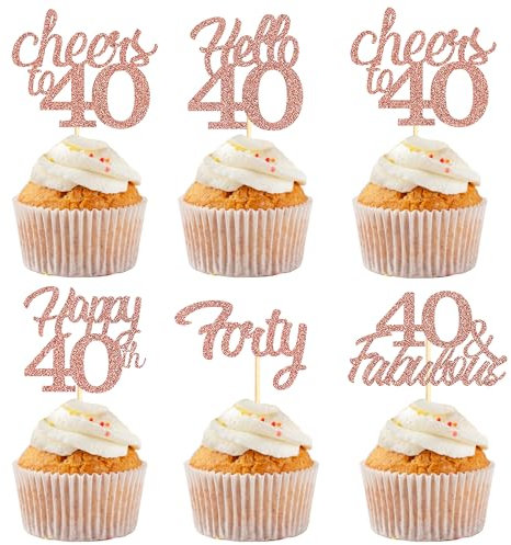 Sotpot 30PCS Happy 40th Birthday Cupcake Toppers Rose Gold Glitter 40 Fabulous Cheers to 40 Cupcake Decorations for 40th Birthday Anniversary Party Supplies