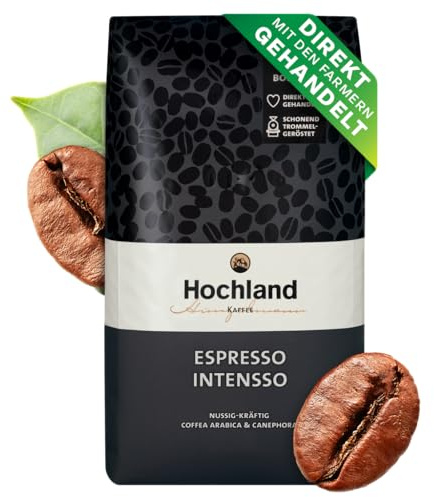 Hochland Kaffee – Espresso Intensso 1000g (ganze Bohnen) – Kräftig und Intensiv – Bitterschokolade, Nussig, Tabak – Für Siebträger & Kaffee-Vollautomat – Lateinamerika & Indien