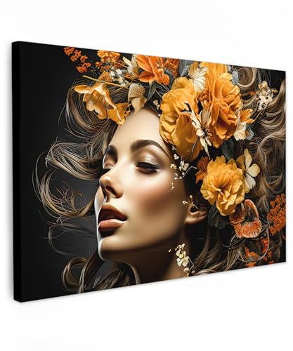 MuchoWow© Bilder Groß XXL Wohnzimmer Deko Modern Wandbild Kunstdruck | 120x80 cm - Leinwand Bild Schlafzimmer über Bett Room Decor Geschenke Frau - Porträt - Blumen - Farbenfroh
