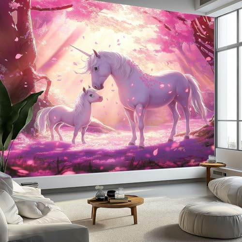 Wandtapete Traumwald Blume Einhorn Fototapete 300 x 210 cm (B x H), Pink Tapete Bild Dekoration Wand-Dekor, Tapete Panorama Poster Für Mädchen, Jungs Schlafzimmer Wohnzimmer