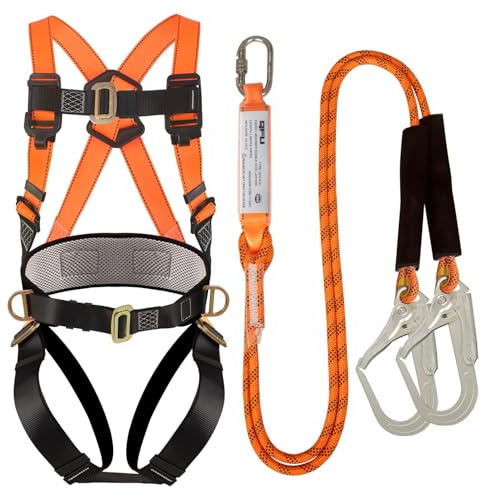 QFU Kit de protection contre les chutes - Avec cordes amortissantes - Harnais de sécurité intégral pour travaux de toit (orange et noir)