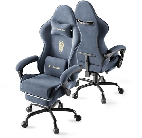 Huracan Silla de Gaming ergonómica, poltrona da Gaming de Terciopelo de Microfibra, Altura Regulable, Silla Gamer con reposabrazos Ajustables, función de Masaje, cojín Lumbar, reposapiés (Gris)