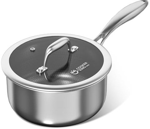COOKER KING 2 Quart Stainless Steel Saucepan, Nonstick Sauce Pan, Ceramic Suce Pot with Tempered Glass Lid, Induction Pot Compatible with All Cooktops, Dishwasher & Oven Safe(PFAS/PFOA/PTFE Free)