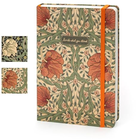 Notizbuch A5 Blankot mit Stoffbezug, Retro Golddruck Hardcover Journal mit Schreibhilfe für Linien & Karos, 212 Seiten 80g Papier, Vintage Tagebuch für Büro, Schule & Geschenk - Orangefarbene Blume
