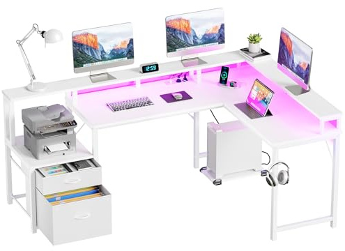YOUDENOVA Eckschreibtisch mit Schubladen Schreibtisch L Form 168x100cm Gaming Tisch mit LED Computertisch mit Steckdose und USB-Ladeanschluss Bürotisch Weiß