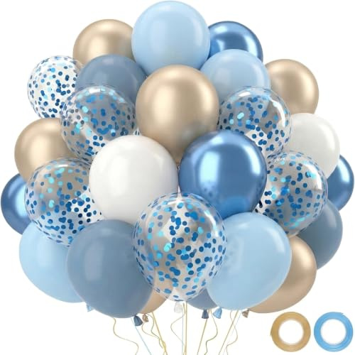 QIFU Luftballons Blau Gold-52 Stück Golden Beige Retro Blaue Luftballons Geburtstag, Helium Ballons Für Babyshowerparty Deko Junge, Taufe Partyballons, Konfirmation Deko Blau, Babyparty Deko, Hochzeit