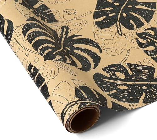 komforbaa Monstera Print Wrapping Paper Roll, Tropical Botanical Gift Wrap for Birthday, Graduation, Party, Vintage Kraft Wrap Paper Ideas for Men, Women, 17In×10Ft (43cm×3m)