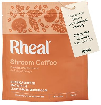 Rheal Shroom Coffee 75g | Organic low-caffeine mushroom coffee with Lion's Mane, Maca and Arabica to support calm energy, focus and productivity