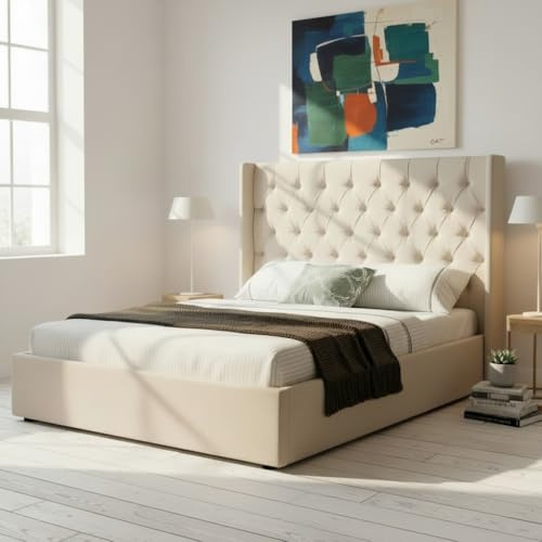 OAT Home Wrenbury Ottoman Storage Upholstered Bed Frame Winged Headboard - Natural - Double/King Size (Double)