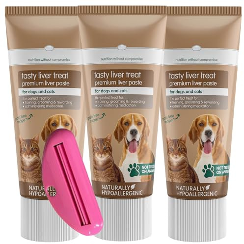 Tasty Liver Treat Paste for Dogs & Cats 75g x 3, Grain-Free Pet Pate with Tube Squeezer Tool, Easy Squeeze Training Reward, Lick Mat Paste, Food Topper & Medication Helper