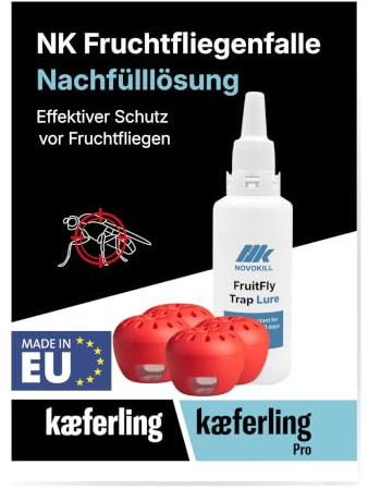 Novokill 4X Piège Moucherons Fruits + 100ml Appât – Piège Mouche de Fruits Cuisine – Fruit Fly Trap – Réutilisable – Action Longue durée