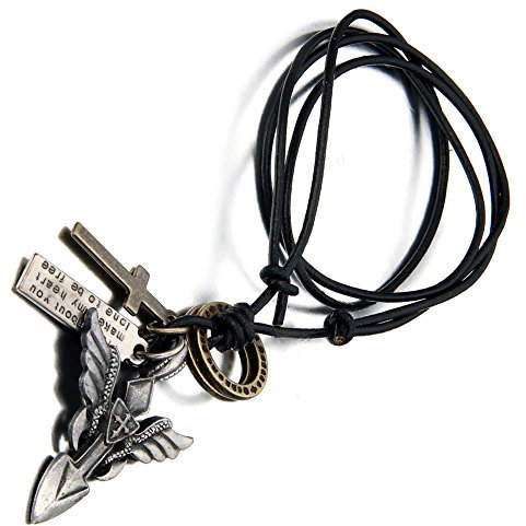 Cupimatch Herren Engel Flügel Kreuz Legierung Anhänger mit 55cm Kette, Armee Stil Leder Halskette für Herren Damen, schwarz silber Bronze