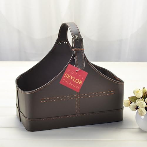 Viewlite Gift Basket Panier de rangement en cuir, structure MDF, pour vin, fleurs, fruits, magazines – Avec poignée supérieure pour présentation de cadeaux de vacances (taille S, café)
