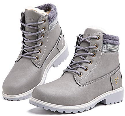 Hitmars Stivali Invernali Donna Bassi Caldi Foderato di Pelliccia Scarpe da Inverno PU Vamp Stivaletti da Neve Stringate Piatto 3.2 CM 3 Grigio Taglia 37 EU