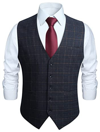 HISDERN Anzugweste für Herren Formale Weste Hochzeits Party Westen Plaid Klassisch Business Anzugwesten Marineblau 4XL