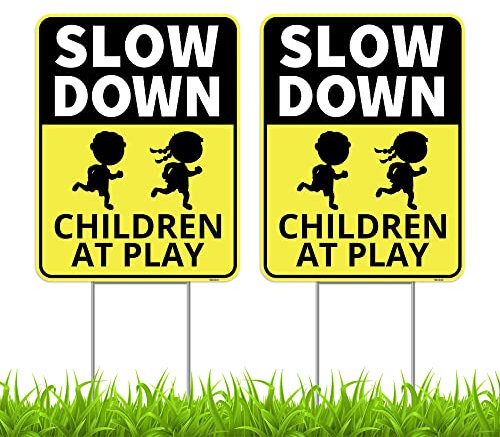 2 Stück Slow Down Children at Play Sicherheitsschilder für Straße mit Pfahlen, 33 x 43,2 cm – doppelseitige Schilder – Wellkunststoff – Vorsicht Kinder spielen Verkehrskreuzung Schild