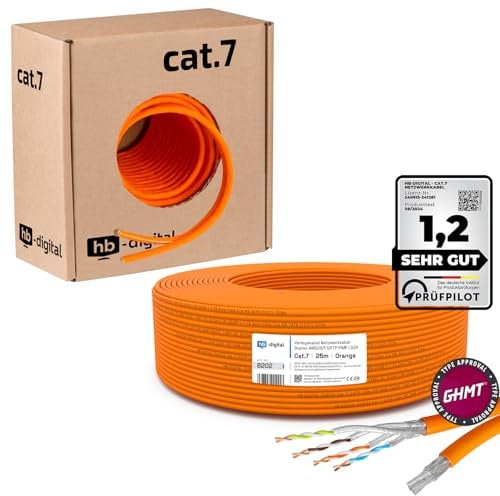 HB-DIGITAL 25m CAT 7 Netzwerkkabel LAN Kabel Verlegekabel Ethernet Installationskabel 10 Gbit/s AWG23 S/FTP - GHMT Zertifiziert - reines Kupfer LSZH BauPVO Klasse Cca Datenkabel Duplex - Orange