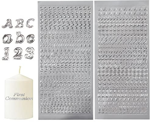 Sticker Buchstaben Zahlen 4 Blätter, Wachs Buchstaben Kerze, Wachsbuchstaben für Kerzen Mit Groß und Kleinbuchstaben, für Taufkerzen, Kommunionkerzen, Hochzeitskerze, Umschlag & Grußkarten, Silber