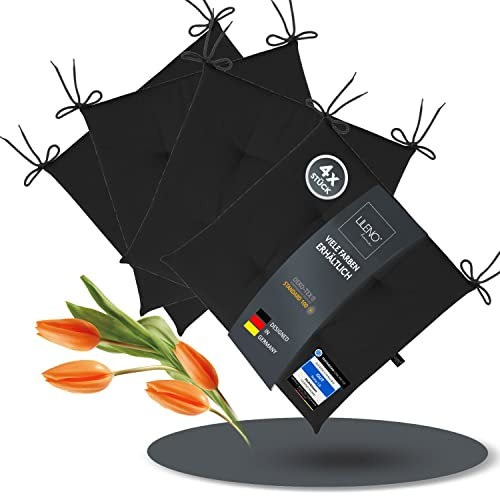 LILENO HOME 4er Set Stuhlkissen Schwarz (40x40x4,5 cm) - Sitzkissen für Gartenstuhl, Küche oder Esszimmerstuhl - UV-beständige Indoor u. Outdoor Stuhlauflage als Stuhl Kissen (Laura FUM)