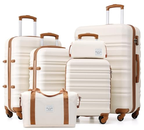 LONG VACATION 6 Piece Luggage Set Carry on Suitcase with ABS+PC hardshell, Spinner Wheels & YKK Zipper TSA Lock (BEIGE-BROWN, 6 piece set)