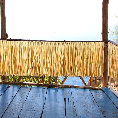 Mixweer 105 ft Natural Raffia Grass Table Skirts, Hawaiian Luau Party Decor | Fringe Straw Skirt for Tropical Hawaiian Party Tiki Bar Roof Decoration, Summer Beach Decor, 157 x 12 Inch, 8 Pcs in Total