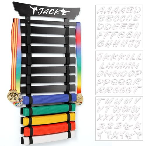 Winartton 12 Belts Karate Belt Display Rack with Stickers, Martial Arts Belt Display Holder, Taekwondo Belt Jiu Jitsu Belt BJJ Belt Display Hanging Holder for Adults