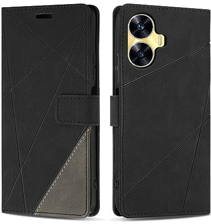 SONWO Etui Coque pour Realme C55, Protection Housse en Cuir PU Portefeuille Livre pour Realme C55, Emplacements Cartes, Fonction Support, Noir