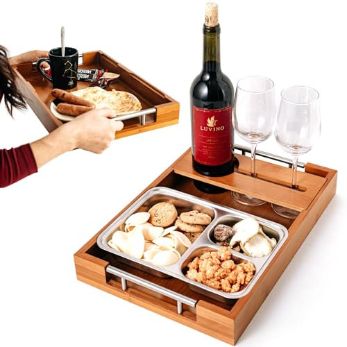 JUVEL CouchBar SnackBox Moderne Bambus-Serviertabletts mit Griff, Couch Bar mit Snackschalen, Snackbar Sofa Tablett, Mehrzweck-Sofatablett mit Abnehmbarem Weinregal und Snack-Aufbewahrung