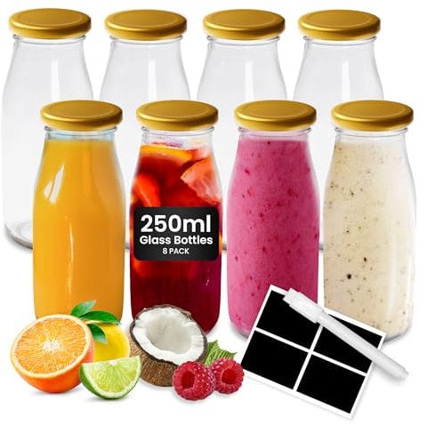 volila Glass Milk Bottles with Lids - 8 Pack x 250ml Glass Bottles with Lids, Labels, and Pen - Reusable Milk Bottle for Juices, Dressings, Sauces, Beverages, Decoration and Storage (Gold Lid)