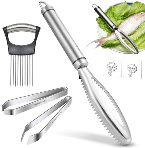 GZqiancang 4 Stk Fischentschupper Set, Edelstahl Fischschupper mit 2 Stk Klebehaken für Küche, Meeresfrüchte Märkte Alle Fische mit Großen oder Feinen Schuppen