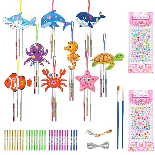 TYXHXTF 9 Pack Marine Animals Craft Kit, Crafts for Kids, Arts and Crafts, Wind Chimes Kit for Kids, DIY Coloring Wooden Art, Garden Outdoor Decor, for Girls Boys Birthday Gift