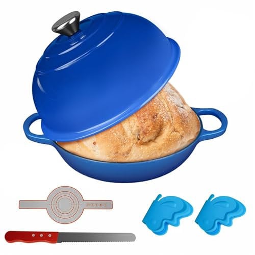 WUDLEP Large Bread Oven with Cloche Lid, 5QT Enamelled Cast Iron Dutch Oven Pot with 2 Butterfly Pot Clips, 32.5cm Bread Knife and Non Stick Silicone Baking Mat for Sourdough Baking, Ocean Blue