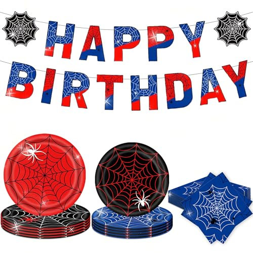 LaVenty Spider Birthday Tableware Superhero Spider Party Dinnerware Paper Plates Napkins Party Supplies for Boy Kids Birthday Favors