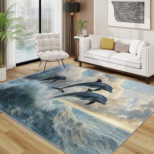 TerroVee Delfin Teppich 140x200 cm, Meerestiere Marine Teppich Wohnzimmer, Meerestiere Natürlich Kurzflor rutschfest Pflegeleicht Teppiche Für Jugendzimmer Schlafzimmer, Grau Hellblau